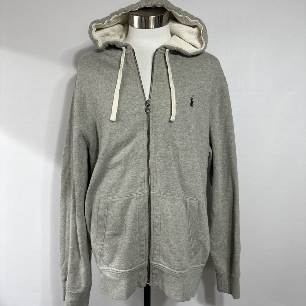 Polo Ralph Lauren Hoodie Mens 2XL Gray Zip Up Waffle Hood Heavyweight Sweatshirt